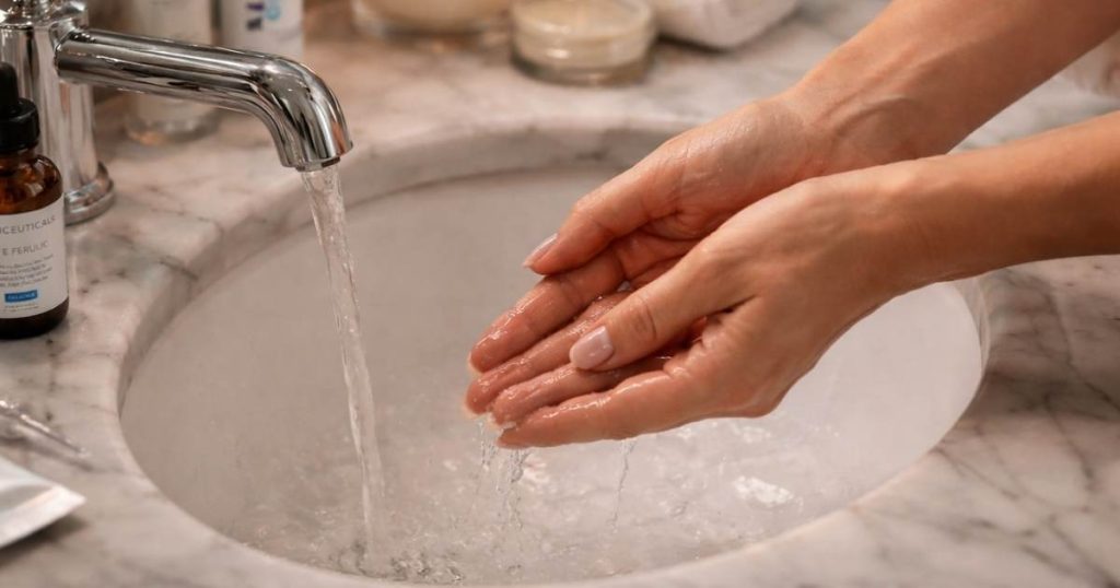 Hands at a marble sink preparing to wash the face as part of an evening skincare routine.