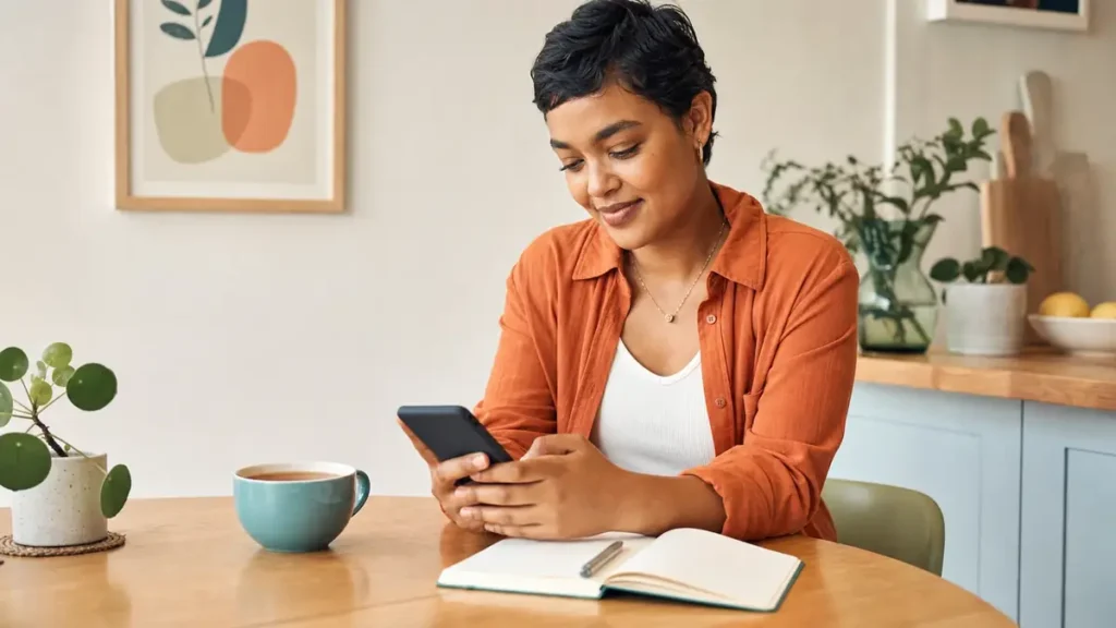 Therapy Is Where Change Begins. Habits Are … Person reflecting with a phone and journal, representing emotional habits supported by Moodfit and therapy