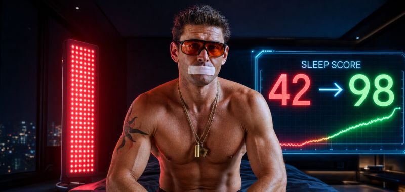 Ben Greenfield’s Weekly Roundup: June 5 Ben Greenfield shirtless wearing orange-tinted glasses and mouth tape, seated in front of red light therapy panels with a sleep score of 42 displayed on a screen in the background.
