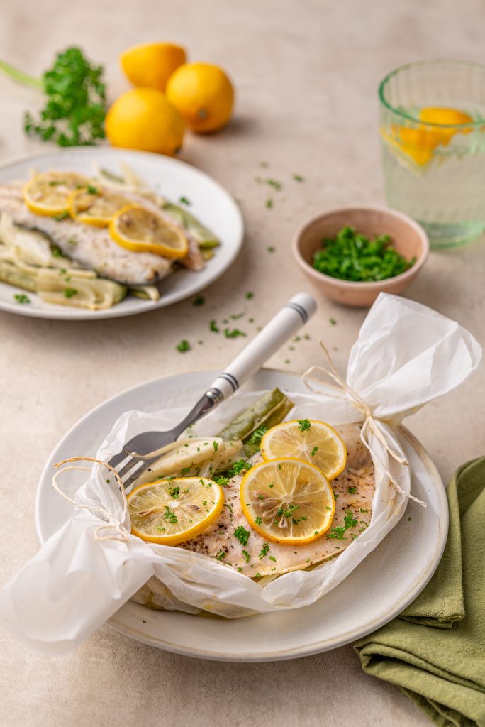 Baked sea bass parcels with lemon and fennel
